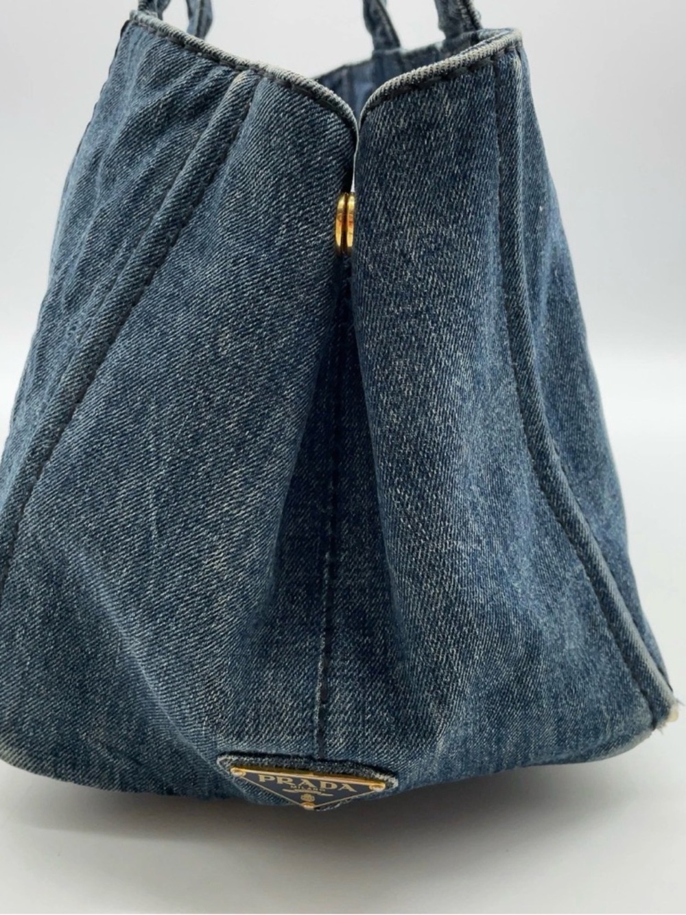 Prada Canapa Triangle Logo Denim Tote Bag Blue Canvas Handbag Small - Picture 6 of 16